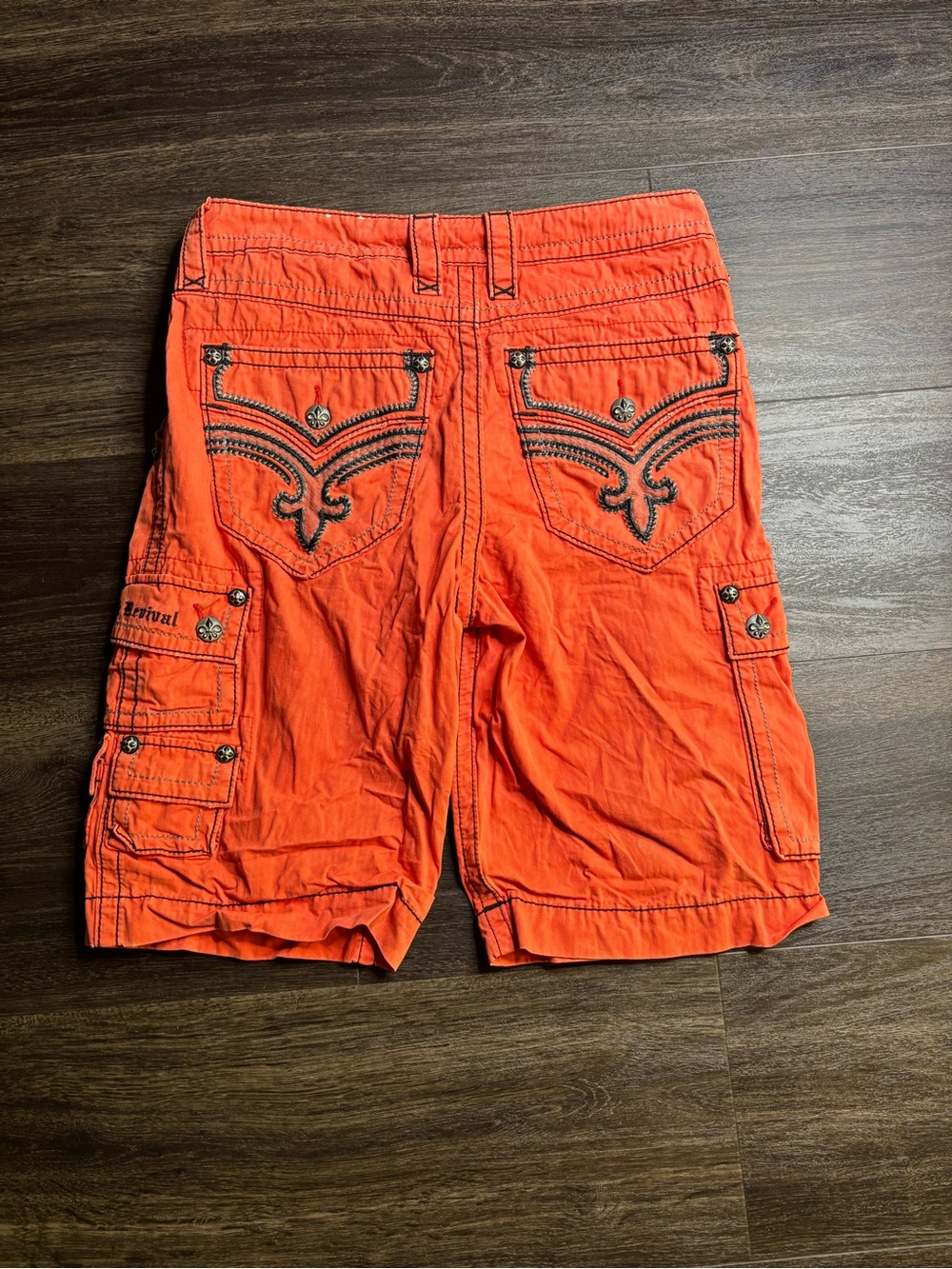 Rock Revival Mens Cargo Shorts Size 32 Orange Y2K Grunge Fade Streetwear Utility
